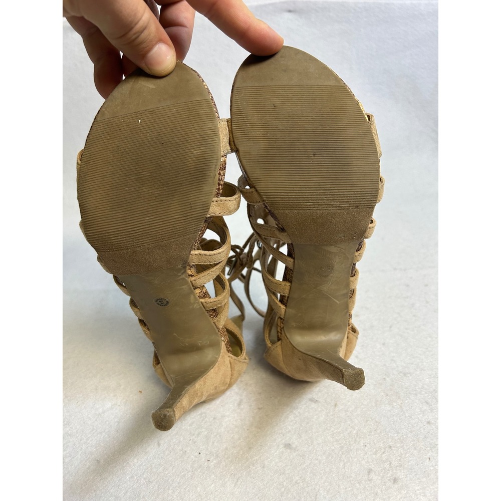 Boho Chic a.n.a Women 7.5M Tan Strappy Snakeskin Gladiator Lace Up Stiletto Heel - Picture 6 of 9